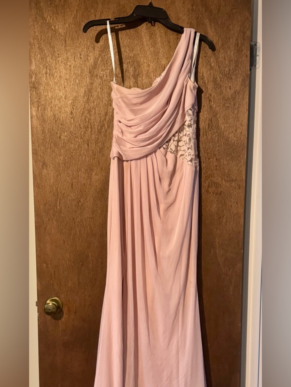 David’s Bridal Blush Pink Strapless Maxi Dress with Lace Cutout